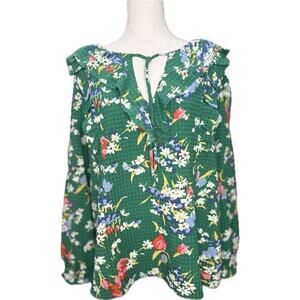 LOFT Top Green Floral Ruffle Bouquet Tie Neck Blouse Gingham‎ size XXLP Petite